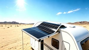 Flexible solar panel mounted on RV camper roof for off-grid outdoor power supply