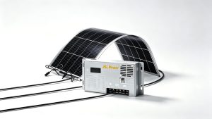 200W High Efficiency Flexible Solar Panel Combo with Smart Charge Controller Product combo display of 200W high efficiency ETFE flexible solar panel paired with storage battery and smart charge controller, complete off-grid solar power system for commercial fishing boat integration