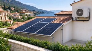 Urban Residential Flat Roof Solar Retrofit Flat Rooftop terrace installed with 300W ETFE flexible solar panel array, surface-adhered frameless pv system