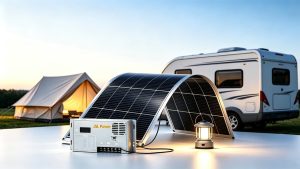 200W Hi-Efficiency Flexible Solar Panel System with Smart Charge Controller for RV Product combo display of 200W ETFE flexible solar panel paired with storage battery and smart charge controller, complete off-grid solar power setup for RV and camper