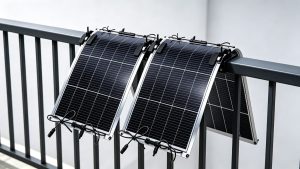 Balcony Railing Clamp Mount 240W Flexible Solar Panel 240W ETFE flexible solar panel mounted on apartment balcony railing with Renogy style clamp bracket, no drilling installation for European household off-grid power