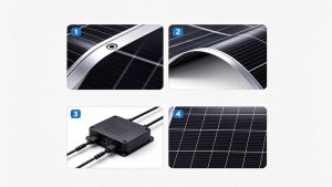 ETFE Flexible Solar Panel Details, UV & Salt Water Resistant Multi-view collage of ETFE flexible solar panel, displays bendable surface, pre-drilled mounting holes and waterproof connector, features UV resistance and salt water resistance for marine off-grid power