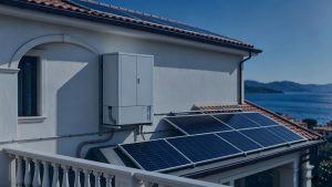 residential rooftop solar solutions Mediterranean curved tile roof villa with ETFE flexible solar panels and wall-mounted home energy storage battery, residential rooftop solar microgrid solution
